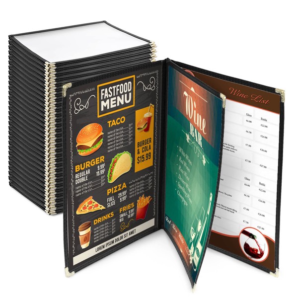 WeChef 30 Pack Restaurant Menu Covers 8.5 x 11 Book Style 3 Pages 6 Views Black