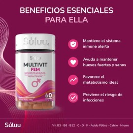 Súluu | Multivitamínico Mujer | Gomitas | Ácido Fólico, Hierro, Calcio, Vitamina B12, B3, B6, D3, K Y Vitamina C | Suplemento Mujer | Vitaminas | Aliv
