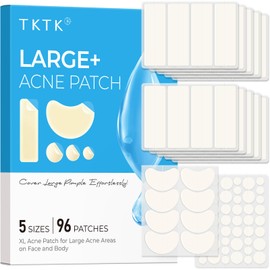 TKTK TKTK Large Pimple Patches for Face, XL Acne Patches 60 x 20 mm, Big Hydrocolloid Bandages for Body, Forehead, Chin, Neck Zit Breakouts, Hydrocolloid Patch (Strip, Contoured, Dot 5 Sizes 96 Count)