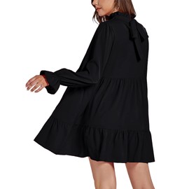 Umenlele Women's Mock Neck Long Sleeve Layered Ruffle Smocked Flowy A Line Babydoll Short Mini Dress Black X-Large