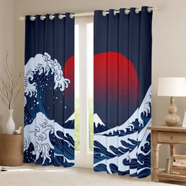 Feelyou Ocean Wave Window Curtains for Bedroom Living Room Sea Surfing Red Sun Window Drapes for Kids Boys Girls Japanese Ukiyoe Window Treatments Exotic Navy Blue Decor 42x63L，2 Panels