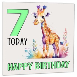 7th Birthday Card Kids Childrens 7 Years Old Watercolour Giraffe 145 x 145mm