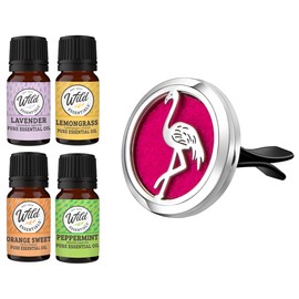Wild Essentials Flamingo Essential Oil Car Vent Diffuser Kit with Lavender, Lemongrass, Peppermint, Orange Oils, Stainless Steel Locket Pendant, 8 Refill Pads, Customizable Color Changing Air Fresh