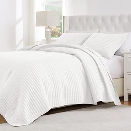 Southwest Style Oversized Textured Pattern Finely Stitched Cotton Bedspread King/Cal.king Size 3 Piece Set | Antique bright White Color All Seasons Hotel Bedding Plush Cozy Luxury Quilted Coverlet Set