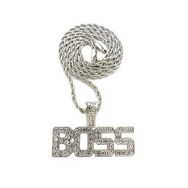 NYFASHION101 Stone Stud Block Letter BOSS Pendant with 2mm Rope Chain Necklace, Silver-Tone, 30"