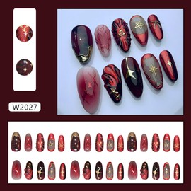 EYZOTSF Press on Almond Nails Medium Length Glossy Full Cover Acrylic Almond Shaped False Nails with Designs Artificial Fake Nail with Charms Glue Stick ons Fingernails for Women Girls(W2027)