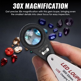 30x Jewelers Loupe Magnifier with UV & LED Lights, 22mm Triplet Lens Rechargeable Jewelers Loupe Foldable Jewelry Magnifier Portable Jewelry Magnifier Inspection Loupe for Gems, Jewelry, Coins, Rocks