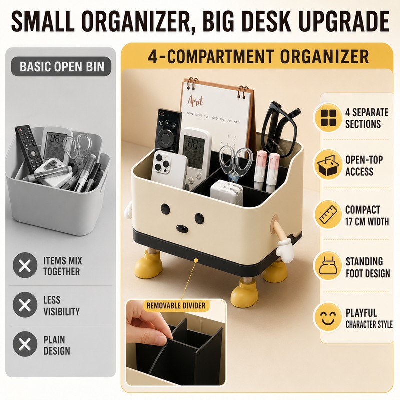 Beige Desktop Storage Organizer Box, HIPS Plastic Open-Top Compartment Desk