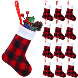 Jmkcoz 24 Pack Mini Christmas Stockings Plush Cuff Buffalo Plaid Small Stockings Xmas Hanging Stockings Fireplace Socks for Christmas Holiday Party Decor (24, Red)