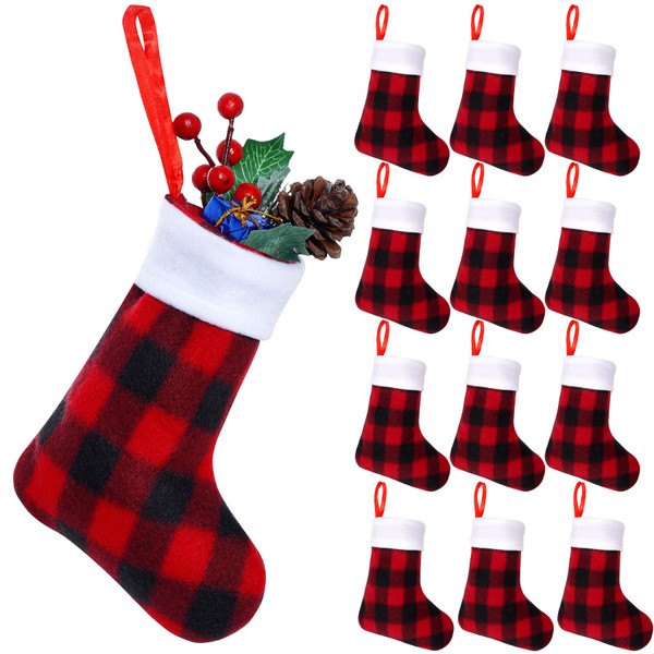 Jmkcoz 24 Pack Mini Christmas Stockings Plush Cuff Buffalo Plaid