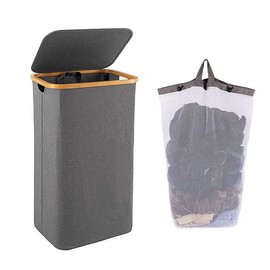 Easyday Laundry Hamper with Lid - Clothes Hamper with Removable Laundry Bag and Bamboo Handles, Foldable Laundry basket for Laundry Room, Bathroom, Bedroom (Dark Gray, 100L)