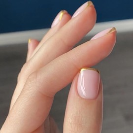 24Pcs Gold French Tip Press on Nails Short Square Fake Nails Gold Tip Design Glossy Full Cover French Nail Glue on Nails Reusable Artificial Nails Nude Pink False Nails for Women Acrylic Nail