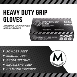 JFA Medical Medium Size Disposable Heavy Duty Mechanic Powder Free Latex Free Black Diamond Grip Nitrile Gloves - Box of 50