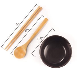 BambooMN Brand - Handcrafted Ceramic Noodle Soup Bowl with Bamboo chopsticks and Spoon - White - 2 Sets