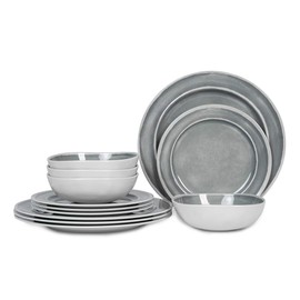 Melamine Dinnerware Set - 12pcs Dishes Dinnerware Set for 4, Indoor and Outdoor use, Dishwasher Safe, Break-resistant, Lightweight, Gray