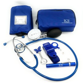 ICE Medical Aneroid Blood Pressure Sphygmomanometer Monitor, Stethoscope, Pen Light (Pen Torch), Tourniquet, Nurse Watch, Lanyard ID Card Holder - Starter Set (Blue with Butterfly Watch)