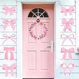 Peconal 10pcs Pink Bow Theme Party Decorations Cutouts Banners Cardboard Porch Signs Door Banner Hanging Decoration for Girls Baby Bridal Shower Birthday Wedding Coquette Party Supplies
