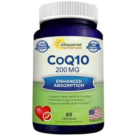 aSquared Nutrition CoQ10 200 mg - 60 cápsulas - Suplemento de coenzima Q10 - Pastillas de coenzima Q10 y ubiquinona - Vitamina antioxidante extra vegana CoQ-10 - Alternativa a las cápsulas blandas y G