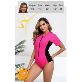 Halcurt Women's Short Sleeve One Piece Rash Guard Swimsuit Zip Front UPF50+ Surfing Athletic Bathing Suit Hot Pink Black L