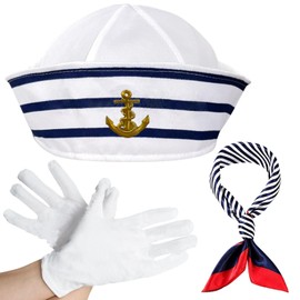 Captain Sailor Costume, 3 Pieces Stripes Sailor Hat and Scarf Set, Marine Outfit Captain Hat Sailor Hat Scarf Costume for Children, Navy Blue Hats Sailor Party Costume for Men and Women