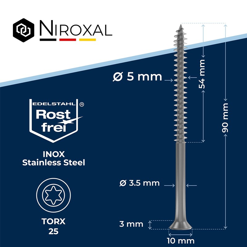 Torx Screws, Stainless Steel Screws 5x90, V2A Stainless Steel, Rustproof,