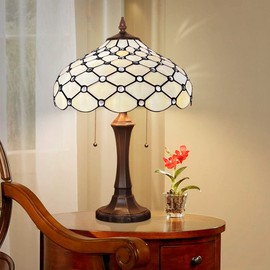 Capulina Tiffany Style Table Lamp Antique Style Tiffany Lamp 2-Light 16X16X24 Inches Beige Beads Stained Glass Desk Lamp Decor for Bedrooms Living Room Study Home Office