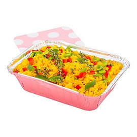 16-OZ Rectangular Disposable Aluminum Foil Food Containers with Flat Board Lids: Great for Restaurant Take Out, Catered Events and Meal Prep - Pink Foil with Polka Dot Lid - 200-CT - Restaurantware