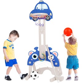 CYFIE Kids Basketball Hoop, 4-in-1 Height Adjustable Basketball Hoop, Football Goal, Golf and Ring Toss, Toddler Activity Center Set Toy Gifts for Girls Boys Sports Indoor Outdoor (Blue)