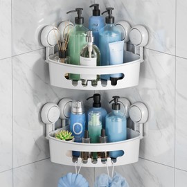 TAILI Suction Corner Shower Caddy, Bathroom Shower Shelf Storage Basket Wall Mounted Organizer for Shampoo, Conditioner, Plastic Shower Rack for Kitchen & Bathroom, Drill-Free Removable (2 Pack)