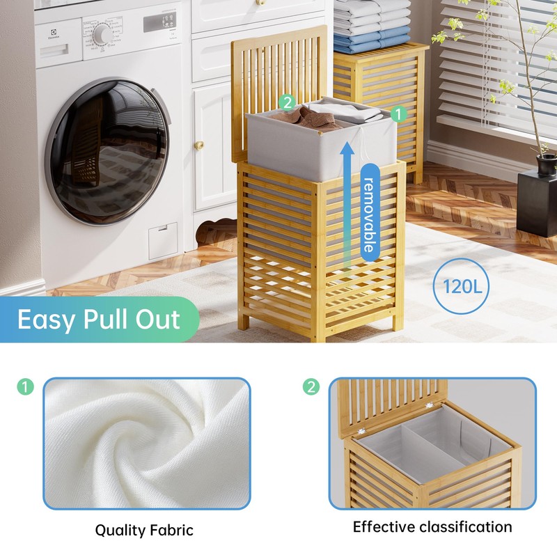 SMIBUY Double Laundry Hamper with Lid, 120L Bamboo Laundry Basket