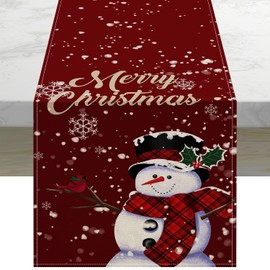 Snowman Snowflake Red Merry Christmas Table Runner, Seasonal Kitchen Dining Table Decorations for Christmas Holiday Theme Home Party Decor 13x72 Inch