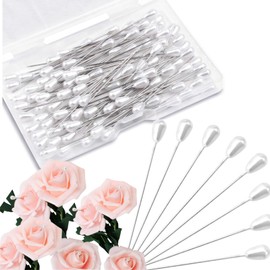 100Pcs Pearl Head Corsage Pins - 2.17" Straight Floral Pins for Crafts, Wedding, Boutonniere, Prom, Bouquet & Quilting - Teardrop Pearl Pins for Sewing, Pinning, Flower Arrangement, Included Box