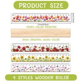 arricraft 4Pcs Wood Ruler, 4 Styles Tool Ruler Tulips Roses Sunflowers Wildflowers Student Ruler Creative Flowers Styling Measuring Tool Knitting Tools for Students Teachers Artists