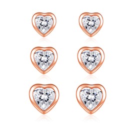 Estrellique 925 Sterling Silver Stud Earrings, Rose Gold Small Zirconia Stud Earrings, 3 Pairs Silver Stud Earrings Set, Hypoallergenic Cartilage Sleeping Stud Earrings, 4/5/6mm Heart Stud Earrings