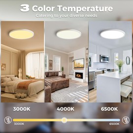 Slochi 1Pack 12Inch Flush Mount LED Ceiling Light Fixture White, 3000k/4000k/6500k 3 Color Selectable Ceiling Lamp, 24W 2800LM Flat Round Low Profile Ceiling Light for Kitchen Bedroom Hallway Porch
