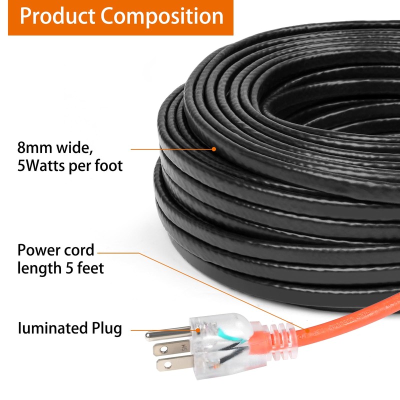 30FT（3~200FT） Heat Tape for Water Pipes, -40°F Deicing Heating Cable,