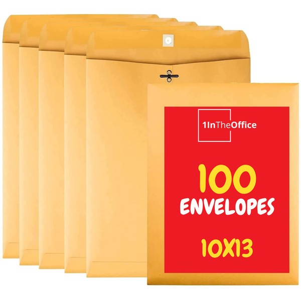 1InTheOffice Manila Envelopes 10x13, Kraft Envelopes #97, Self Seal Envelope, Clasp, Manila, 100 Pack