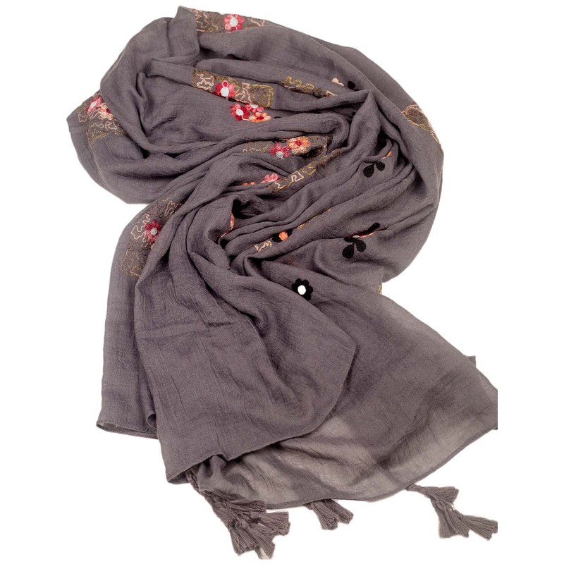 iB-iP Women's Floral Pattern Lightweight Embroidered Scarf, Warm grey