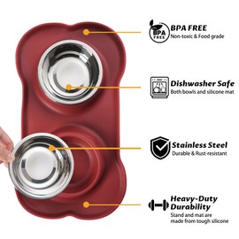 Hubulk Pet Dog Bowls 2 Stainless Steel Dog Bowl with No Spill Non-Skid Silicone Mat + Pet Food Scoop Water and Food Feeder Bowls for Feeding Small Medium Large Dogs Cats Puppies (Small, Burgundy)