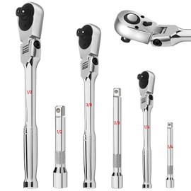Flex Head Ratchet Set,3-Piece Flex Head 1/4", 3/8", 1/2" Drive with 3-piece Extension Bars,72-Tooth Ratchet,Quick Release Reversible Design,180°Swing
