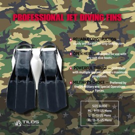 Tilos Professional Jet Diving Fins - Heavy-Duty Commercial Grade Scuba Flippers for Tech & Military Divers, High-Performance Underwater Propulsion (Black, Medium Large)