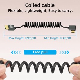 RIIEYOCA 8K Short Mini HDMI to HMDI Coiled Cable,90 Degree Left Angle Male to Male 48Gbps High Speed HDMI2.1 Support HDR, 8K@60Hz,4K@120Hz, Compatible with Camcorders,Monitors (Left)