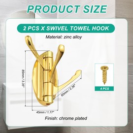 PATIKIL Swivel Towel Hooks Foldable Towel Hook Clothes Hooks Hanger Wall Mounted Three Rotating Arms Wall Hooks for Kitchen Bathroom Coat Gold 2 Pack
