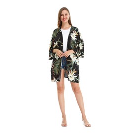 Matchable Couple Hawaiian Luau Shirt or Kimono in Wispy Cereus Black, Women Kimono, One Size