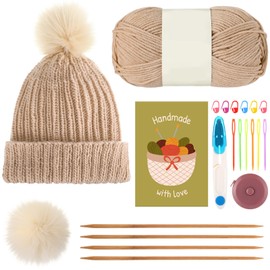 GliCraft Knitting Kits for Beginners Adults Hat Knit Kit with Yarn, Knitting Needles, Faux Pom, Scissors, Measuring Tape Practical and Easy to Use Complete Beginners for Women Men Present (Beige)