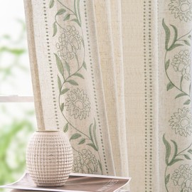 jinchan Linen Curtains for Bedroom 90 Inches Length Linen Blended Embroidered Floral Curtains for Living Room Farmhouse Decor Light Filtering Window Treatments Sage on Beige Drapes 2 Panels