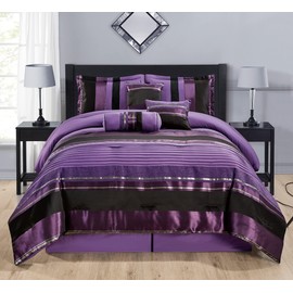 Grand Linen Chenille Bedding 7 Piece Queen Size Royal Purple, Black, Silver Grey Jacquard Striped Bed in A Bag Down Alternative Comforter Set. Perfect for Any Bedroom or Guest Room