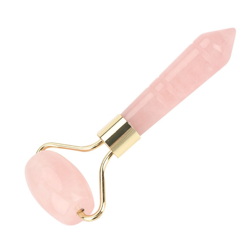 Natural Rose Quartz Welding Gold Metal Roller Massager Jade Beauty