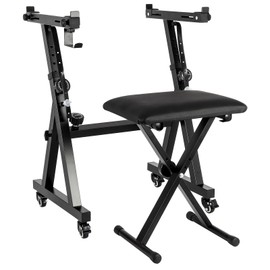 Dollate Piano Keyboard Stand and Bench Set, Adjustable Piano Stand for 54-88 Keyboard, Portable Electric Keyboard Piano Stand with Wheel and Headphone Bracket, Sturdy Piano Accessories Stand