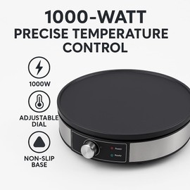 Morning Star 12-Inch Electric Crepe Maker with Nonstick Cooktop | Portable Griddle | Adjustable Temperature Control | Includes Wooden Spatula, Batter Spreader, 2 Recipe Booklets